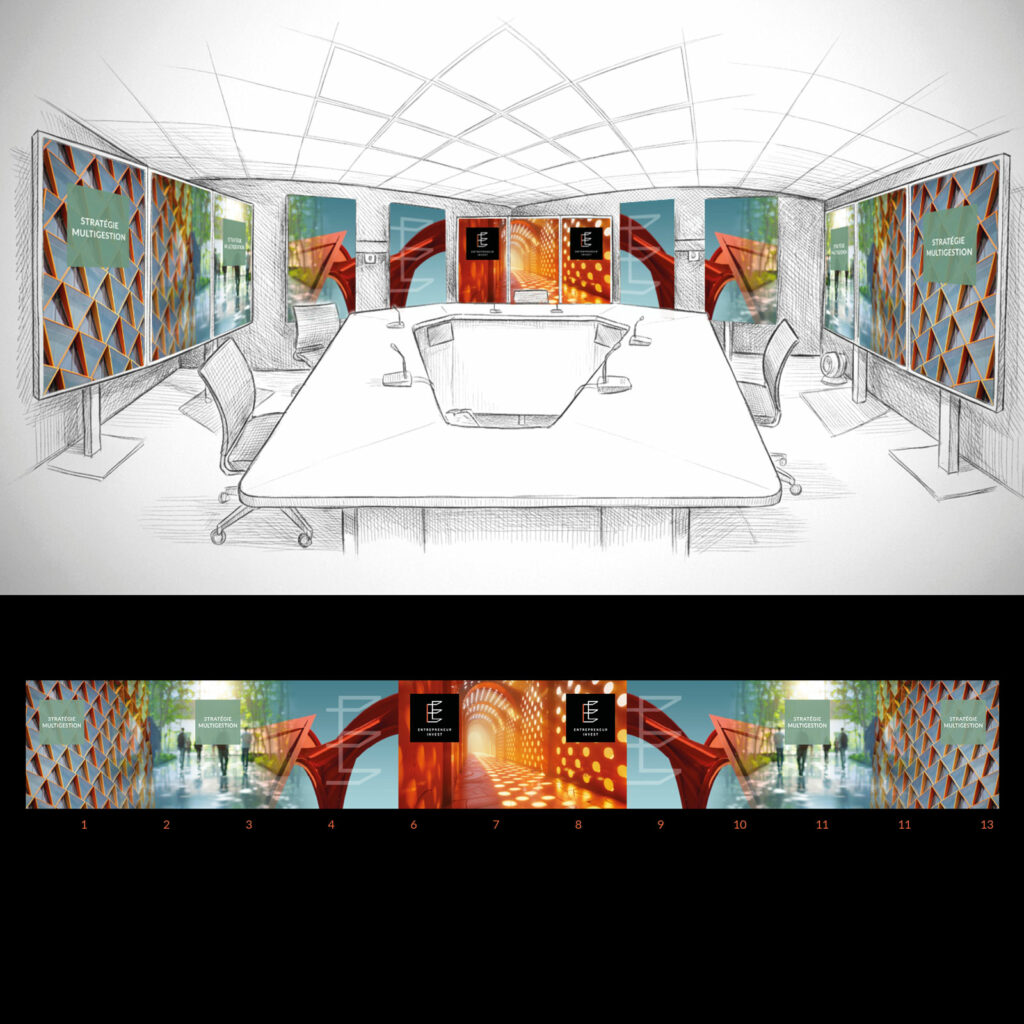 Entrepreneur Invest - Conception identité visuel plateau TV, création de l’habillage fonds écrans TV