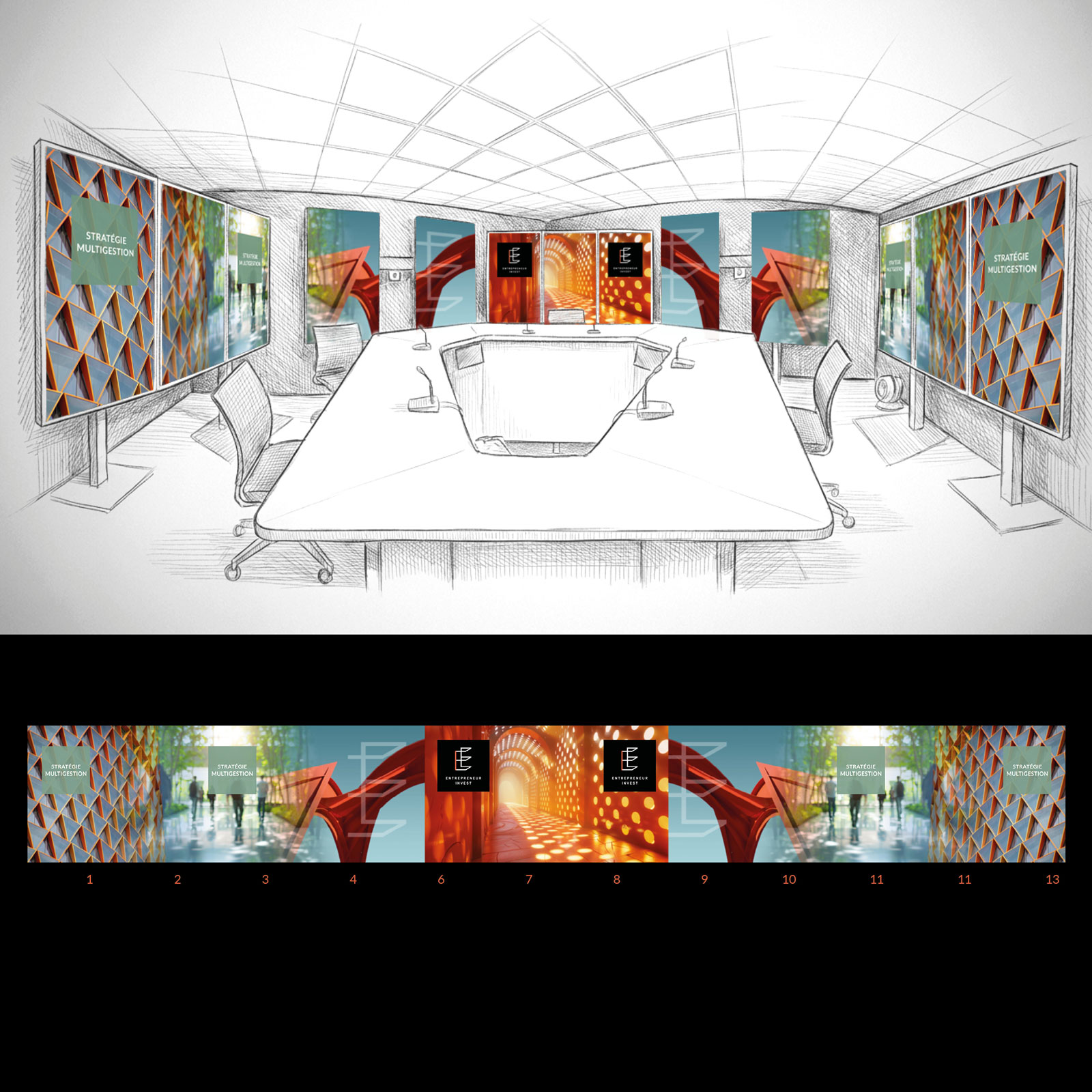 Entrepreneur Invest - Conception identité visuel plateau TV, création de l’habillage fonds écrans TV