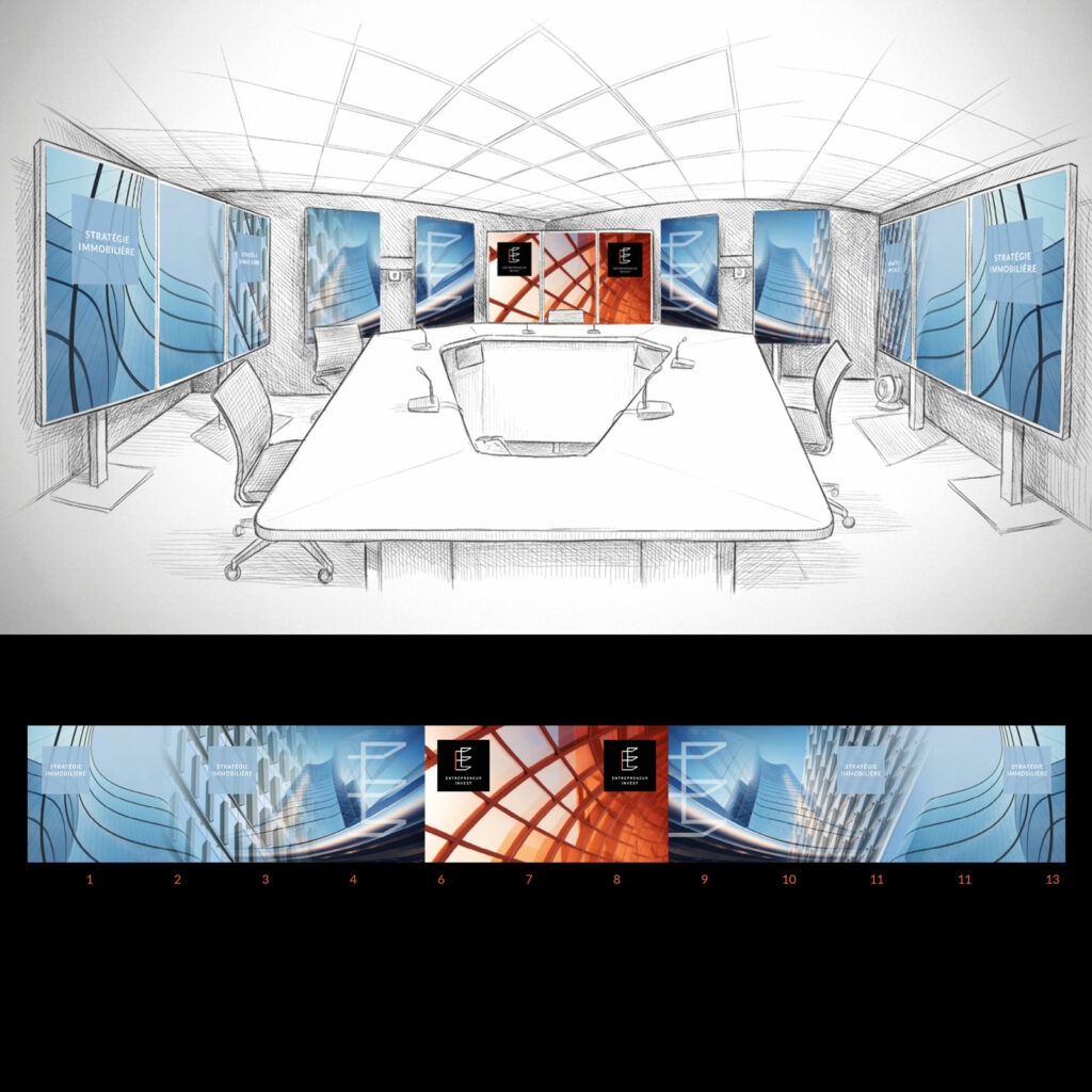 Entrepreneur Invest - Conception identité visuel plateau TV, création de l’habillage fonds écrans TV