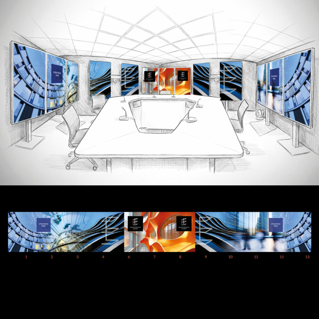 Entrepreneur Invest - Conception identité visuel plateau TV, création de l’habillage fonds écrans TV